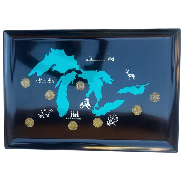 Couroc of Monterey Great Lakes Black & Teal Tray Coin Inlays Nautical Graphics - Picture 4 of 16